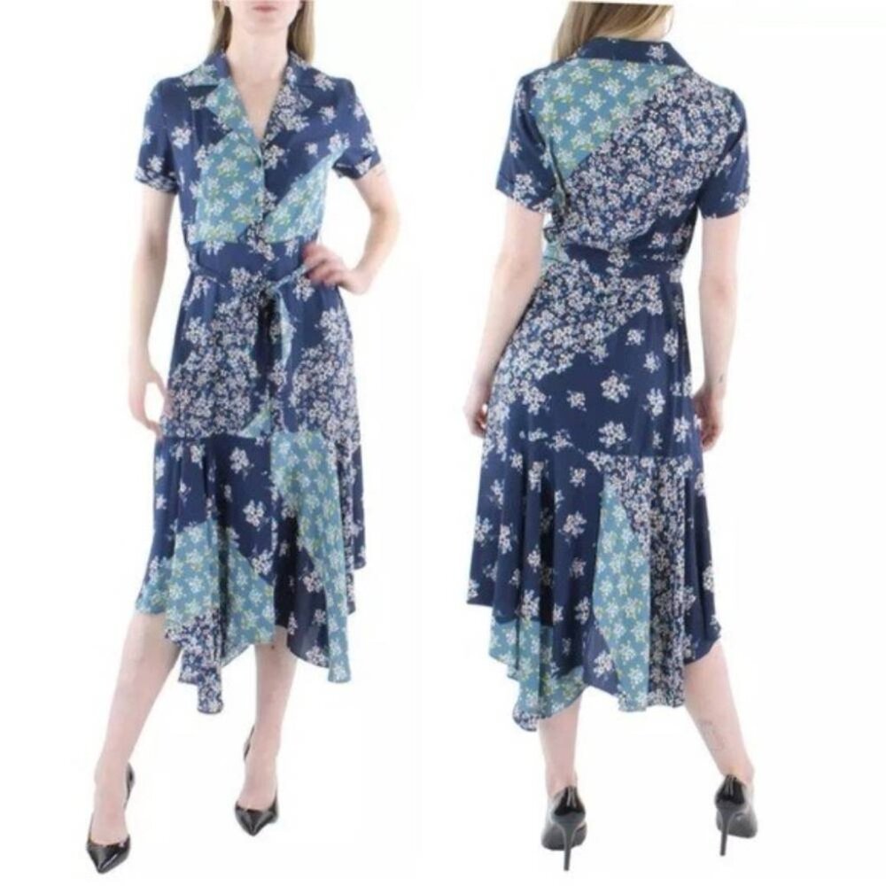 Nanette Lepore mixed floral print midi shirt dress cottagecore boho peasant 14
